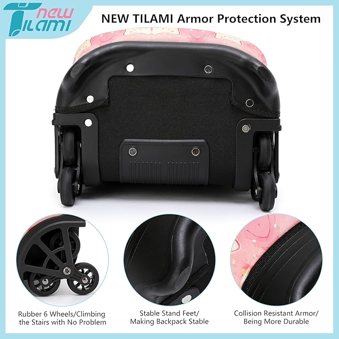 NEW TILAMI 18 Inch Rolling Backpack with Wheels for Girls Boys Kids Laptop Backpack School Travel, Orange Starshine