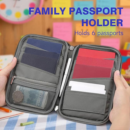 WALNEW Passport Holder for Travel Family, RFID-Blocking Travel Wallet Holder for 6 Passports, Water Resistant Bag Document Organizer for Cards, Cash, Boarding Passes, Tickets (Gray)
