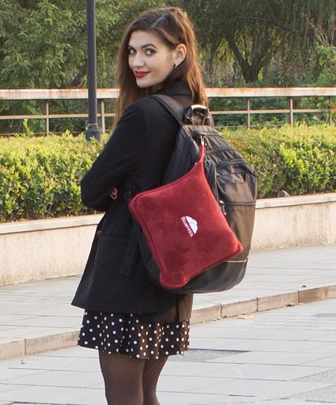 BlueHills Premium Soft Travel Blanket Pillow Airplane Blanket Packed in Soft Bag Pillowcase with Hand Luggage Belt and Backpack Clip Compact Large Long Flights Traveler Essentials Lightweight Red T001