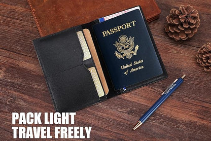 STAR VISTA Albatross Leather Travel Passport Holder, Minimalist Design, Calfskin Leather Case for Women and Men - Slim Passport Wallet, Bifold, RFID Blocking, Black