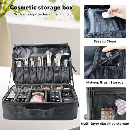 Travel Makeup Bag Makeup Cosmetic Train Case Organizer Portable Storage Bag with Adjustable Dividers for Cosmetics Makeup Brushes Toiletry Jewelry Black Medium