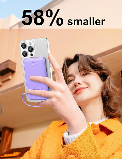 miisso Ultra Slim 10000mAh Power Bank Built-in Cables and Foldable AC Wall Plug, Pocket Size USB C Portable Charger, External Battery Pack Compatible with iPhone Samsung iPad etc, Purple