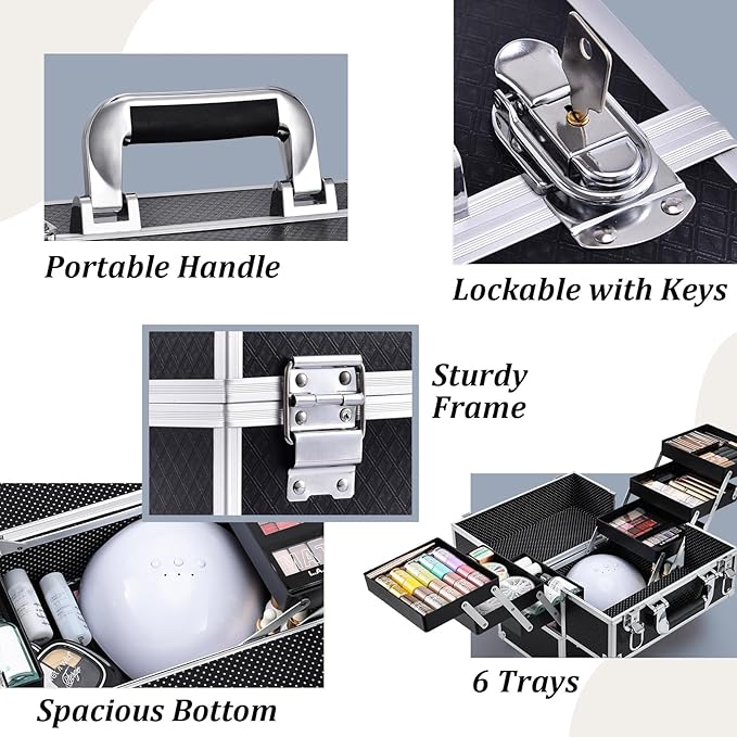 FRENESSA Makeup Train Case Makeup Case 11.8 Inch Large Cosmetic Box Organizer Travel Storage Professional Make Up Train Carrying Case with 6 Trays Locking Hard Vanity Storage Black