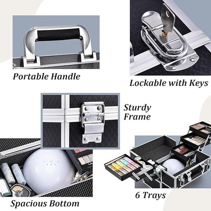 FRENESSA Makeup Train Case Makeup Case 11.8 Inch Large Cosmetic Box Organizer Travel Storage Professional Make Up Train Carrying Case with 6 Trays Locking Hard Vanity Storage Black