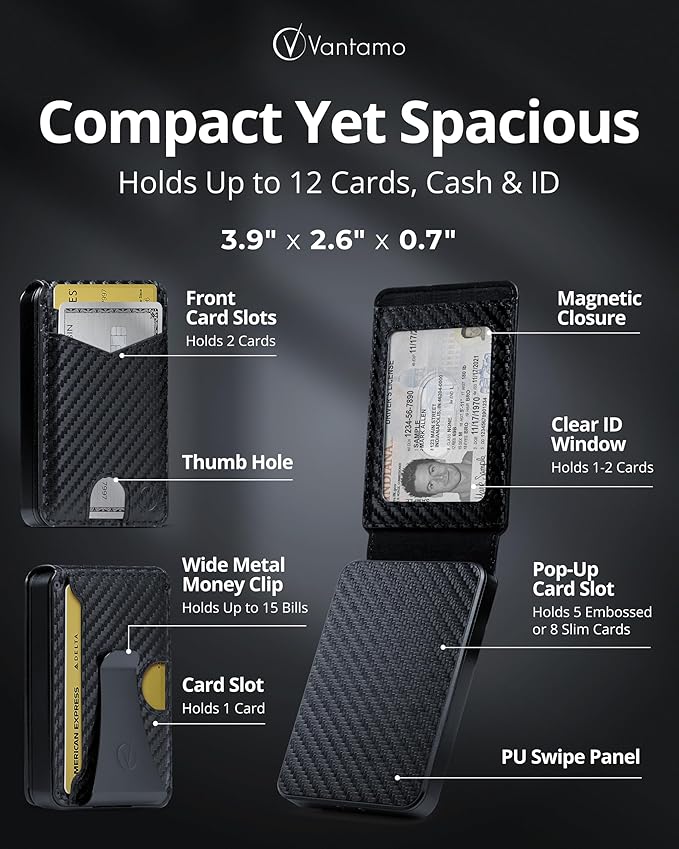 Vantamo Premium Wallet for Men with Money Clip & Card Holder, Compact & Slim Wallet with RFID, 8-12 Cards, Perfect Gifts for Men