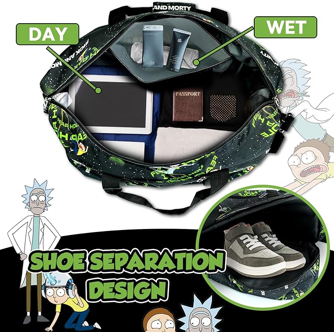 Rick and Morty Travel Duffel Bag with Bold Graphic Design, Durable Construction, Large Storage Space, Adjustable Shoulder Strap, Ideal for Travel, Gym and Outdoor Adventures