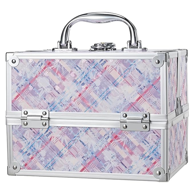 FRENESSA Makeup Train Case 8.85 Inch Portable Makeup Case Organizer Cosmetic Box Make Up Box Makeup Organizer Cosmetic Storage Cases with Locking Nail Kit Organizer Small Travel Case Pink Plaid
