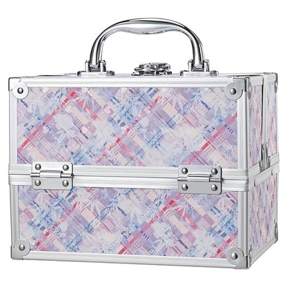 FRENESSA Makeup Train Case 8.85 Inch Portable Makeup Case Organizer Cosmetic Box Make Up Box Makeup Organizer Cosmetic Storage Cases with Locking Nail Kit Organizer Small Travel Case Pink Plaid