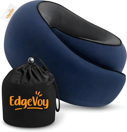 EdgeVoy™ Travel Neck Pillow, Memory Foam Travel Pillow for Airplanes, 360º Ergonomic Design, Asymmetrical Sides, Washable Modal Cover, Ideal for Travel, Car Rides, & Home Use (Navy Blue)