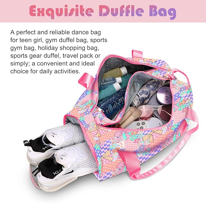 Duffle Bag for Girls Travel Duffle Carry On Tote Weekender Bag Large Capacity Overnight Bag With Shoe Compartment Gym Tote with Dry and Wet Separation