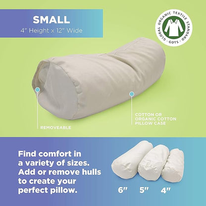 Organic Cotton Neck Roll Pillow with Pillowcase – Organic Millet Filled Soft Neck Pillow with Breathable and Durable Fabric Washable Protector – Supportive for Deep Sleep – Made in USA, 4" x 12"