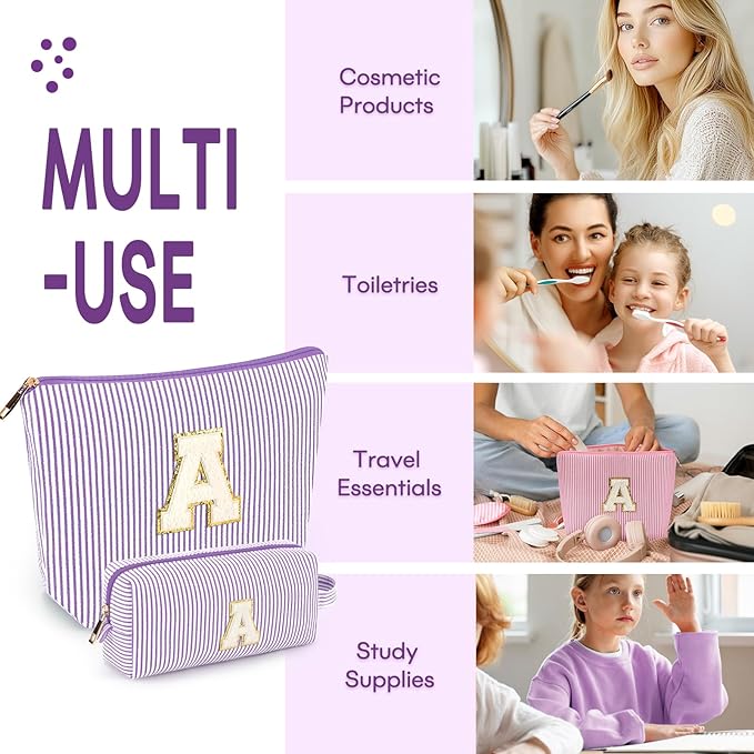 2 PCS Initial Makeup Bags for Women: Cosmetic Bag for Travel Toiletry - Birthday Gifts for 11 12 13 14 15 16 17 18 Years Old Girl Graduation Teacher Gift- Teen Girl Gifts Trendy Stuff - Purple Z