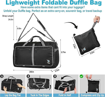 Bago Large Foldable Duffel Bags for Traveling Women & Men - 100L Packable Duffle Bag for Travel with Shoe Compartment - Water Repellant, Heavy Duty, Lightweight Folding & Collapsible (All Black)