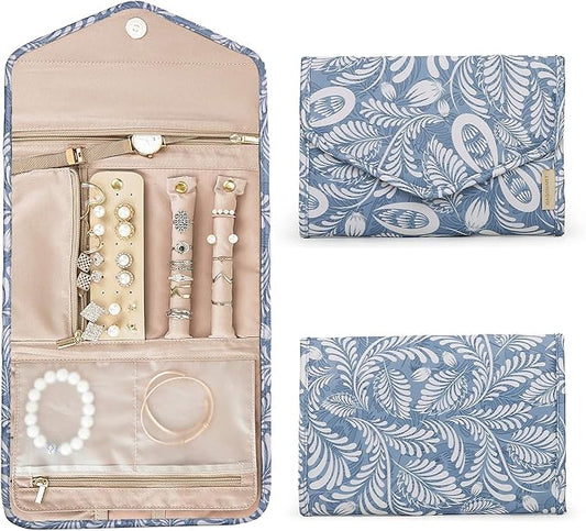 BAGSMART Travel Jewellery Organiser Roll Foldable Jewelry Case for Journey-Rings, Necklaces, Bracelets, Earrings, White Leaf