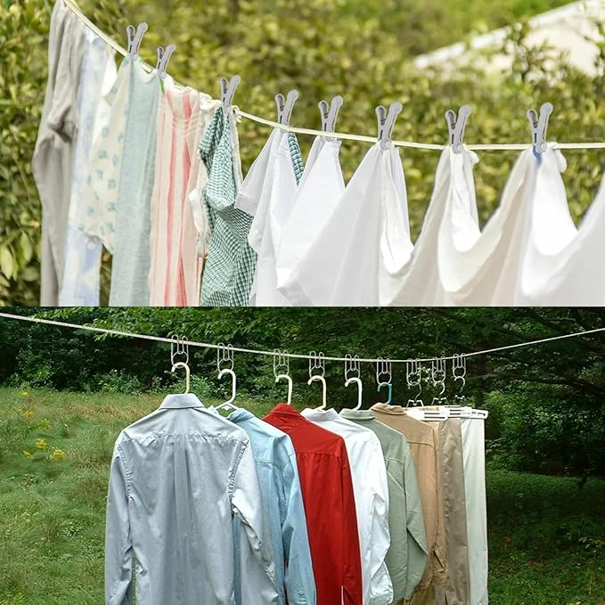 32Ft Portable Travel Clothesline Caudblor Adjustable Camping Clothes Laundry Drying Rope for Hotel Trip, Cruise, Outdoor/Indoor with 10 Windproof Clips, 10 Clothespins, 1 Storage Bag（Black）