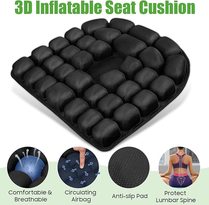 Inflatable Travel Seat Cushion, Relieve Pessure HIPS, 3D Airbag Wheelchair Pad Portable Car Seat Cushions for Office Chair, Wheelchair, Stadiums, Dining Chair