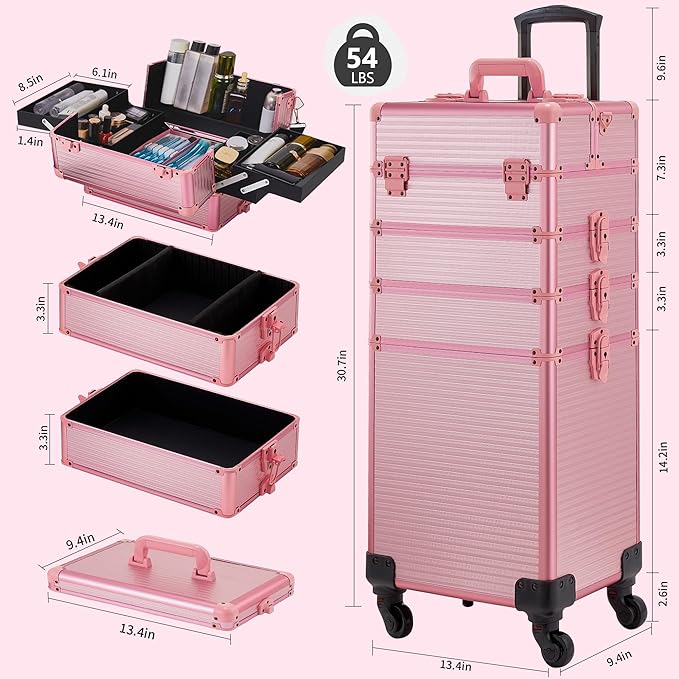 Rolling Makeup Case, Makeup Train Case with Lid, 5 in 1 Cosmetology Case on Wheels, Christmas Gift, Large Makeup Case Organizers, Profesional Cosmetic Case for Salon Barber, Pink