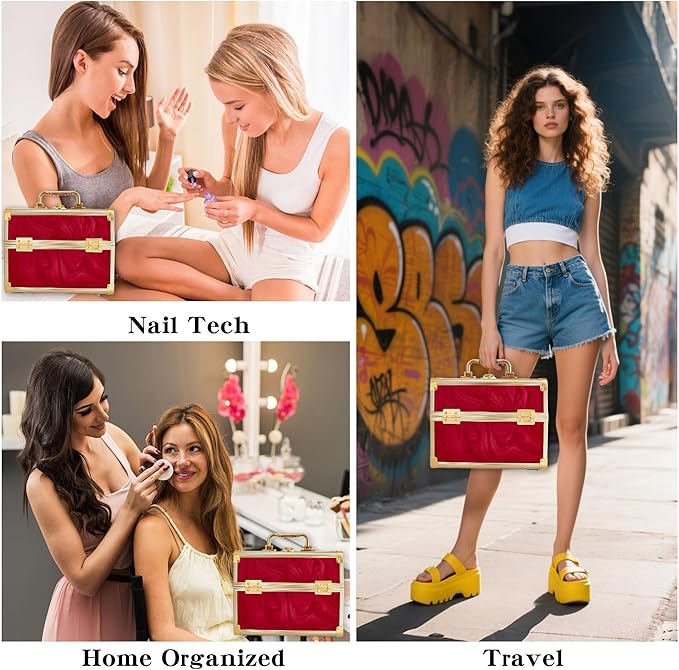 Makeup Train Case, Portable Makeup Case with Mirror, 2-Trays Cosmetic Organizer Case,Nail Polish Organizer, Travel Makeup Box, Profesional for Salon Barber, Pattern Red