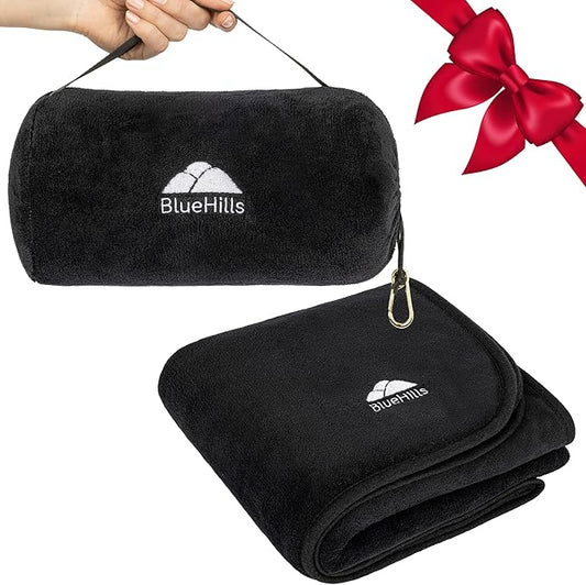 BlueHills Travel Blanket Pillow Rolled Premium Soft Plush Airplane Throw Traveling Accessories Gifts Compact in a Bag 70 X 48 inches Long Plane Flight Portable Lightweight Black R05