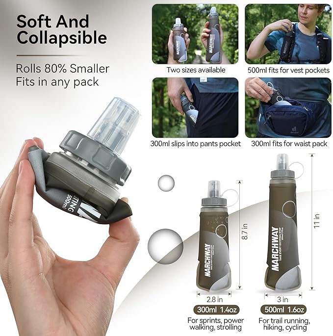 MARCHWAY Soft Hydration Flask with Wide Mouth, 300ml/500ml Collapsible TPU Water Bottle, Leakproof Portable Flexible for Running, Hiking, Cycling, Climbing, Gym, Travel (2pcs Grey 500ml)
