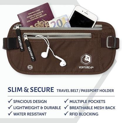 VENTURE 4TH Slim Minimalist Design RFID Money Belt with RFID Blocking Sleeves, for Men and Women – Ideal for Keeping Your Cash, Credit Card, Passport, Phone Secure When Traveling - Brown