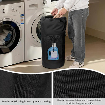 Laundry Bag Backpack with Shoulder Straps and Mesh Pocket Foldable Clothes Hamper Bag with Drawstring Closure for College, Apartment, Laundromat (Black)