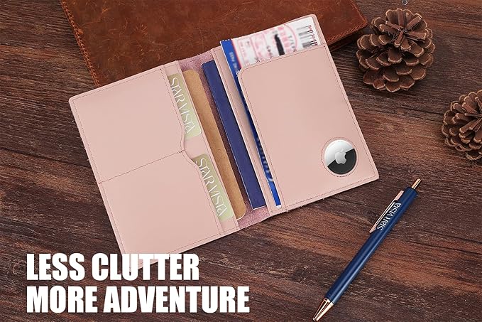 STAR VISTA Albatross Leather Travel Passport Holder, Minimalist Design, Calfskin Leather Case for Women and Men - Slim Passport Wallet, Bifold, RFID Blocking, with AirTag Holder, Pale Pink
