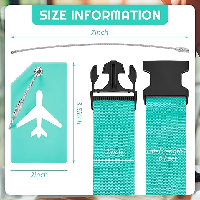 Weewooday 8 Pcs Luggage Straps Suitcase Tags Set for TSA Approved, 4 Travel Adjustable Suitcase Belt, 4 Silicone Luggage Tags with Name ID Card Travel Accessories(Turquoise,Airplane)