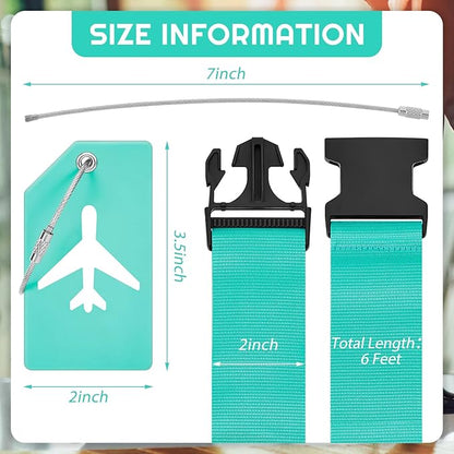Weewooday 8 Pcs Luggage Straps Suitcase Tags Set for TSA Approved, 4 Travel Adjustable Suitcase Belt, 4 Silicone Luggage Tags with Name ID Card Travel Accessories(Turquoise,Airplane)