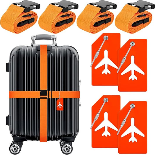 Weewooday 8 Pcs Luggage Straps Suitcase Tags Set for TSA Approved, 4 Travel Adjustable Suitcase Belt, 4 Silicone Luggage Tags with Name ID Card Travel Accessories(Orange,Airplane)