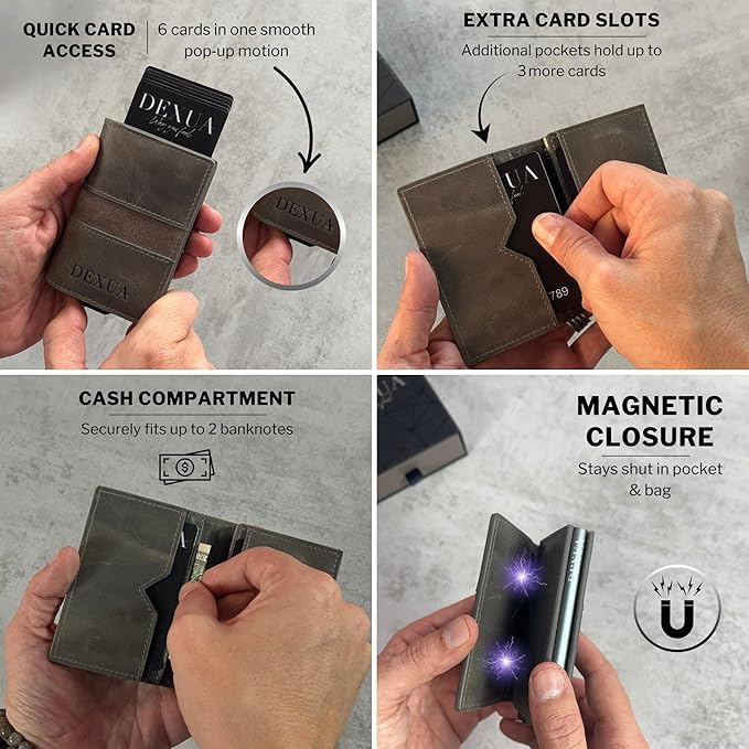 Mens Wallet, Premium Leather Slim Wallet, RFID Blocking Pop-Up Card Holder, Extra Credit Card Slots, Cash Slot, Magnetic Closure, Christmas Gift Ready Gift Box Included