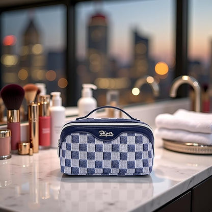 BOYATU Travel Makeup Bag for Women: Large Cosmetic Bag Set of 3 - PU Leather Make up Bag with Compartments - Compact Waterproof Toiletry Bag with Divider & Handle (D-5-Deep Blue)