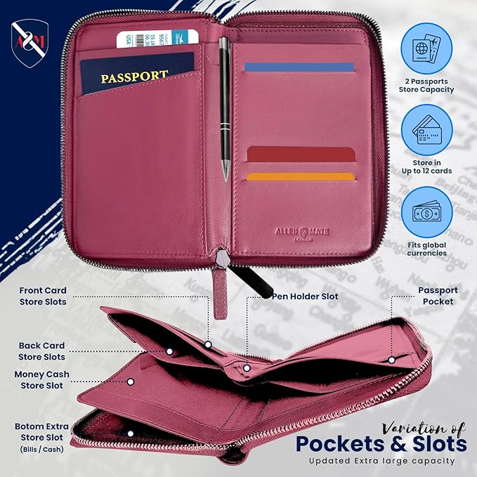 ALLEN & MATE Passport Holder Travel Wallet, 100% Leather RFID Blocking Travel Document Organiser for Men & Women