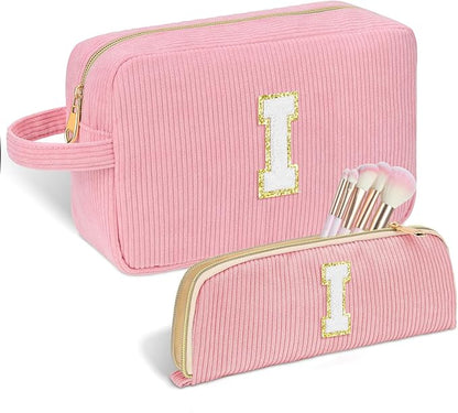 Personalized Initial Makeup Bag Trendy Stuff Corduroy Cosmetic Bag Travel Toiletry Bag for Women, Christmas/Thanksgiving/Halloween Gifts Makeup Organizer Case for Teen Girls Mom Girlfriend Wife - Pink