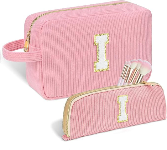 Personalized Initial Makeup Bag Trendy Stuff Corduroy Cosmetic Bag Travel Toiletry Bag for Women, Christmas/Thanksgiving/Halloween Gifts Makeup Organizer Case for Teen Girls Mom Girlfriend Wife - Pink