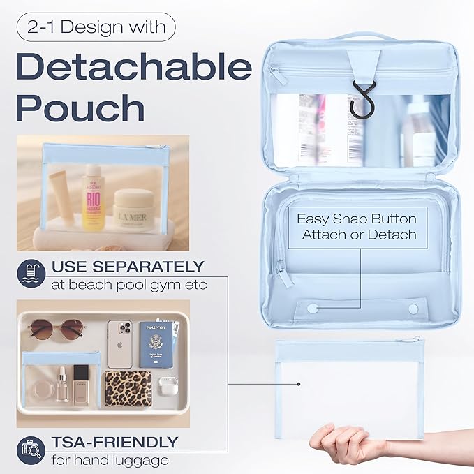 KAZAY Hanging Toiletry Bag with TSA Approved Detachable Pouch, Travel Toiletry Bag, Water Resistant, Premium Nylon, Travel Size Toiletries, Cosmetic Bag, Unisex (Light Blue)
