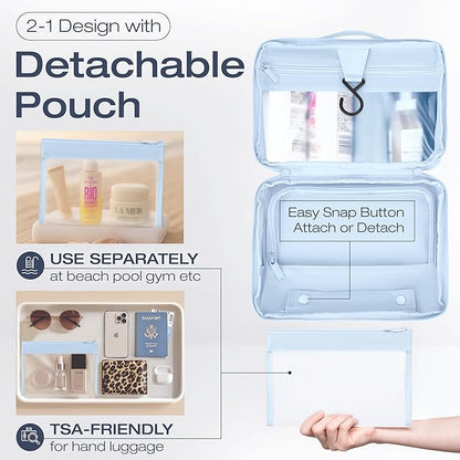 KAZAY Hanging Toiletry Bag with TSA Approved Detachable Pouch, Travel Toiletry Bag, Water Resistant, Premium Nylon, Travel Size Toiletries, Cosmetic Bag, Unisex (Light Blue)