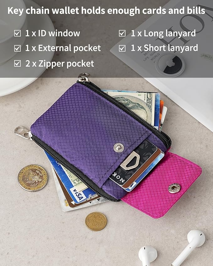 Minimalist Wallet For Mens Womens, Keychain RFID Blocking Zipper Small Wallet with ID Window 2 Lanyards,Water Resistant Travel Cash Card Coin Case Boys Girls