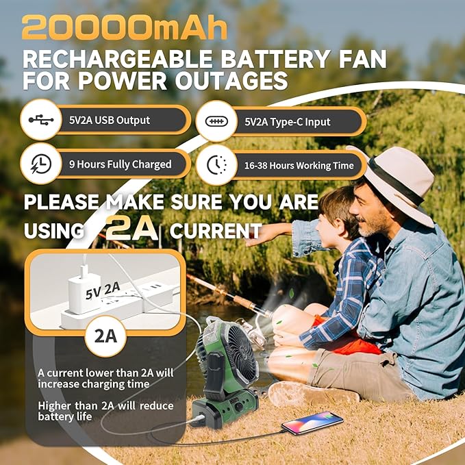 Portable Misting Fan with LED Light & 20000mAh Power Bank - Rechargeable Camping Fan with Remote, Spotless Speeds & 360° Pivot Hook for Outdoor, Hurricane, RV, Power Outages