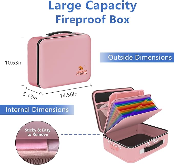 TIGERKING Fireproof Document Box Hard Case with Water-Resistant Zipper, Fireproof File Box with Lock, Document Safe Boxs for Important Documents, Certificates - Pink File Organizer