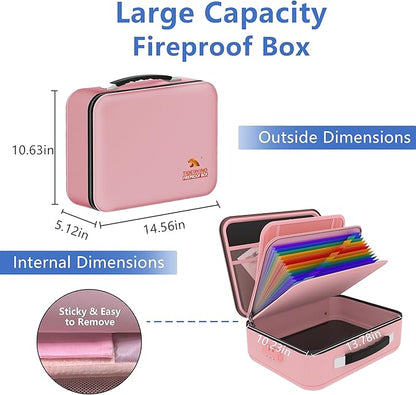 TIGERKING Fireproof Document Box Hard Case with Water-Resistant Zipper, Fireproof File Box with Lock, Document Safe Boxs for Important Documents, Certificates - Pink File Organizer