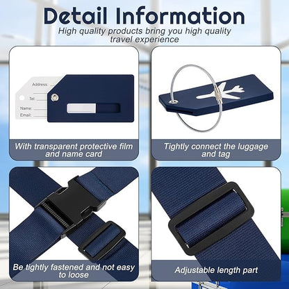 Weewooday 8 Pcs Luggage Straps Suitcase Tags Set for TSA Approved, 4 Travel Adjustable Suitcase Belt, 4 Silicone Luggage Tags with Name ID Card Travel Accessories(Dark Blue,Airplane)