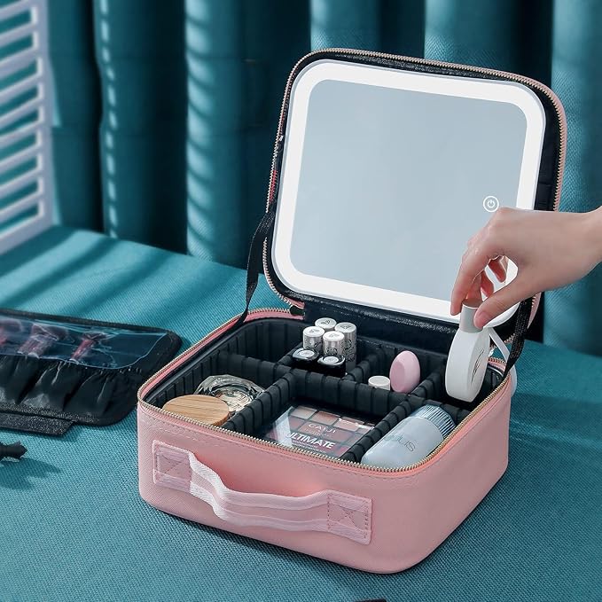 Travel Makeup Bag with Magnetic Removable Lighted Mirror, Cosmetic Bag Organizer with Mirror 360° Angle, Tri-Color LED Lighted Makeup Case, Portable Makeup Travel Train Case with Adjustable Dividers