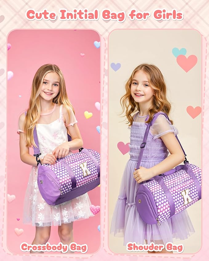 Christmas Gifts for Grandkids, Girls Travel Duffel Bag, Kids Initial Overnight Bags with Shoe Compartment, Personalized Gym Ballet Dance Bag with Makeup Pouch, Gift for Teenagers (Letter F)