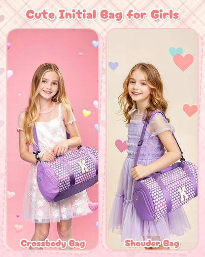Gifts for 4 5 6 7 8 Year Old Girl, Girls Travel Duffel Bag, Kids Initial Overnight Bags with Shoe Compartment, Personalized Gym Ballet Dance Bag with Makeup Pouch, Birthday Gift (Letter C)