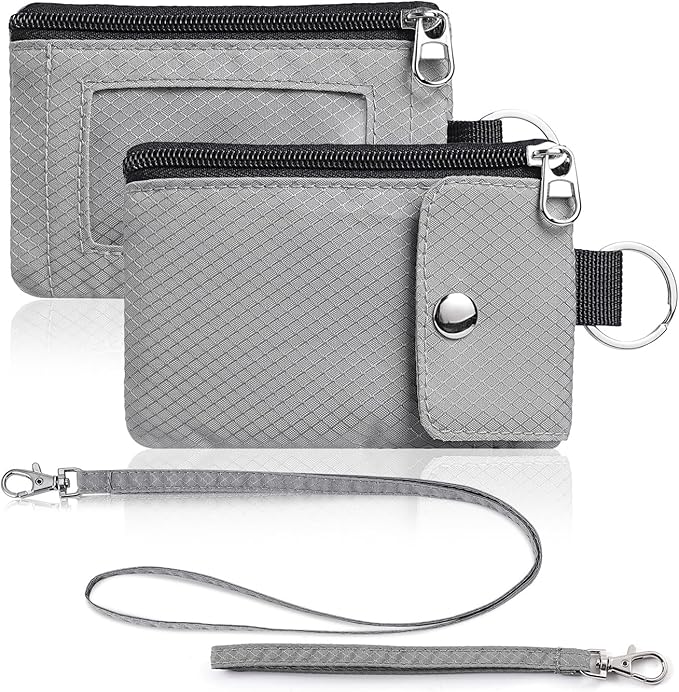 Minimalist Wallet For Mens Womens, Keychain RFID Blocking Zipper Small Wallet with ID Window 2 Lanyards,Water Resistant Travel Cash Card Coin Case Boys Girls