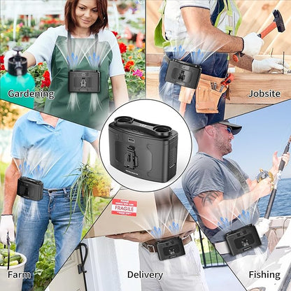 20000mAh Portable Waist Fan, Personal Fan Clip on with Rechargeable Battery operated, Dual Motors Upto 40H Cooling,10 Speeds,16000RPM Hands-Free Belt Neck Fan for Outdoor Jobsite Camping Travel