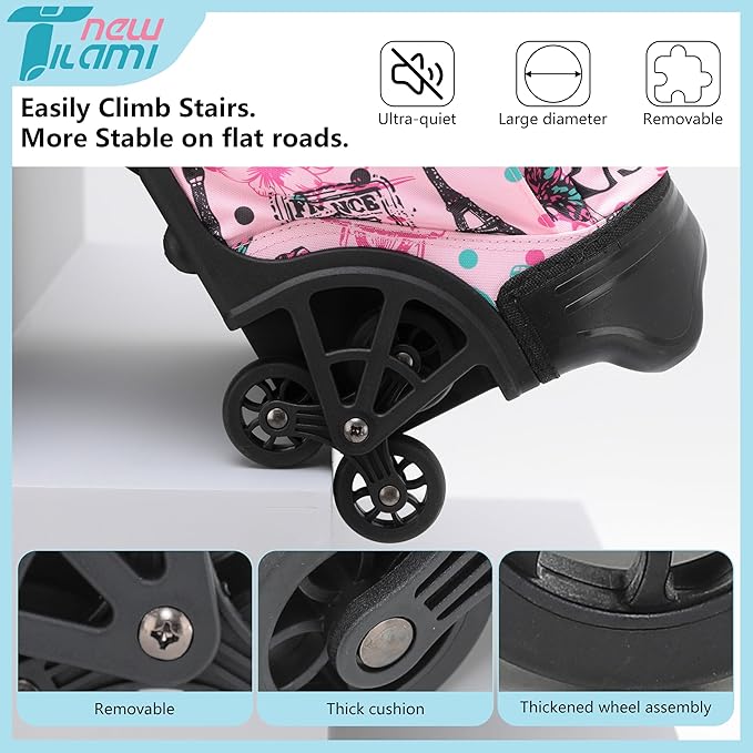 NEW TILAMI 18 Inch Rolling Backpack with Wheels for Girls Boys Kids Laptop Backpack School Travel, Pink Paris
