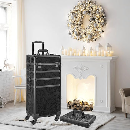 Rolling Makeup Case, Makeup Train Case with Lid, 5 in 1 Cosmetology Case on Wheels, Christmas Gift, Large Makeup Organizers, Profesional Cosmetic Case for Salon Barber, Pattern Black