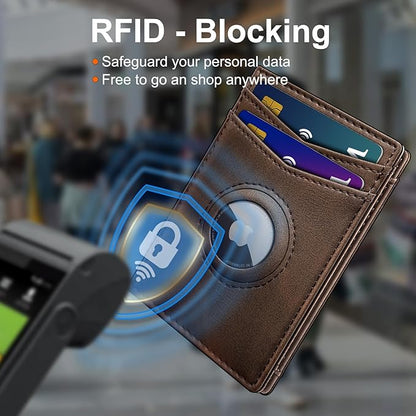 Airtag Wallet for Men- with Money Clip Gift Boxed, Magnetic Closure Slim Genuine Leather Front Pocket Wallet, 4.1"x 2.8", RFID Blocking
